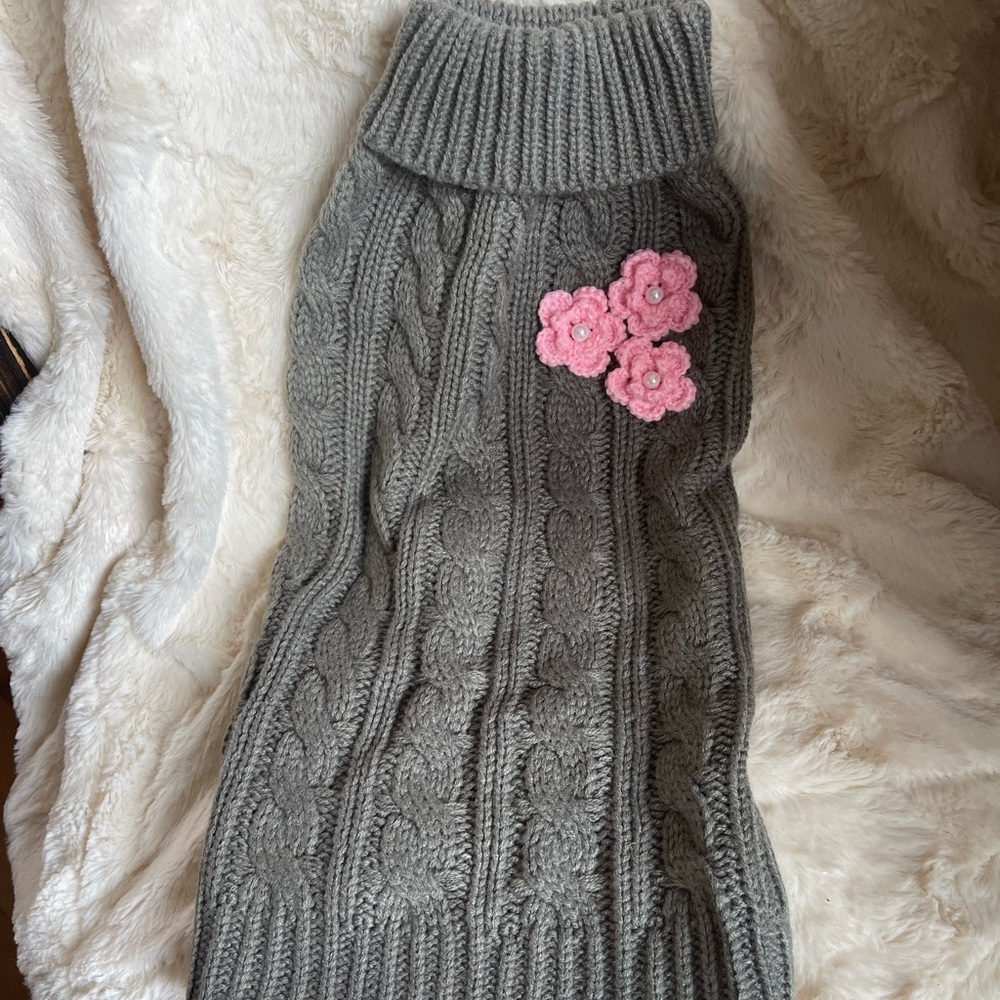 Dog Gray Cable Knit Sweater with Pink Floral Accents